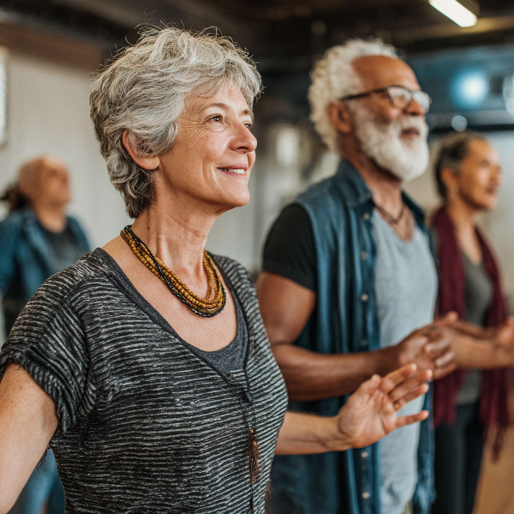 Older adults engaging in functional movement exercises in a supportive group environment